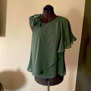 XXI Sage Chiffon Blouse w/Single Cape Sleeve and Decorative Flowers, Size M